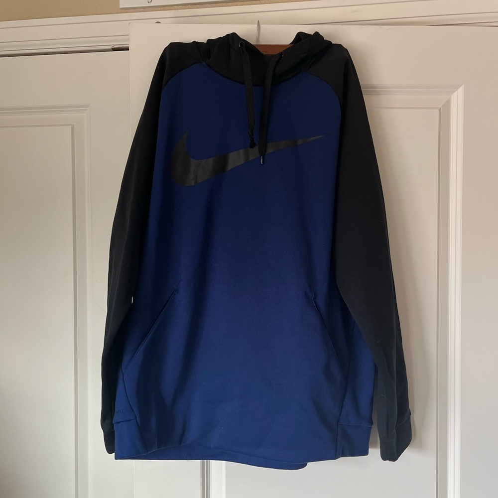 Large Nike Hoodie. Blue and black hooded sweatshirt.